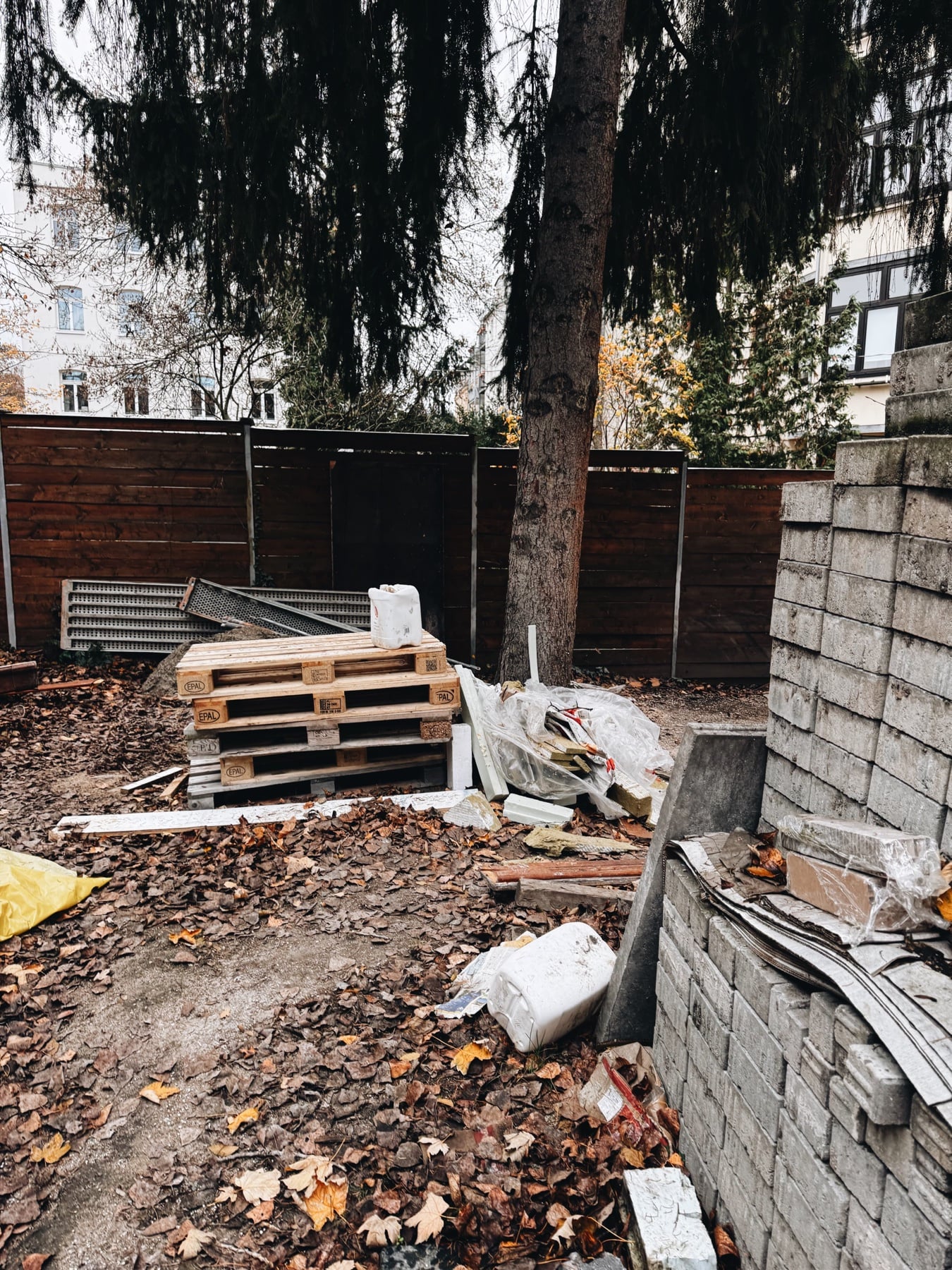Pallets and stones in the backyard