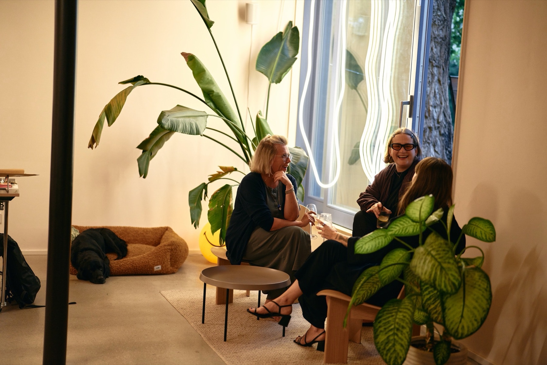 Lounge mit Pflanzen und Gästen