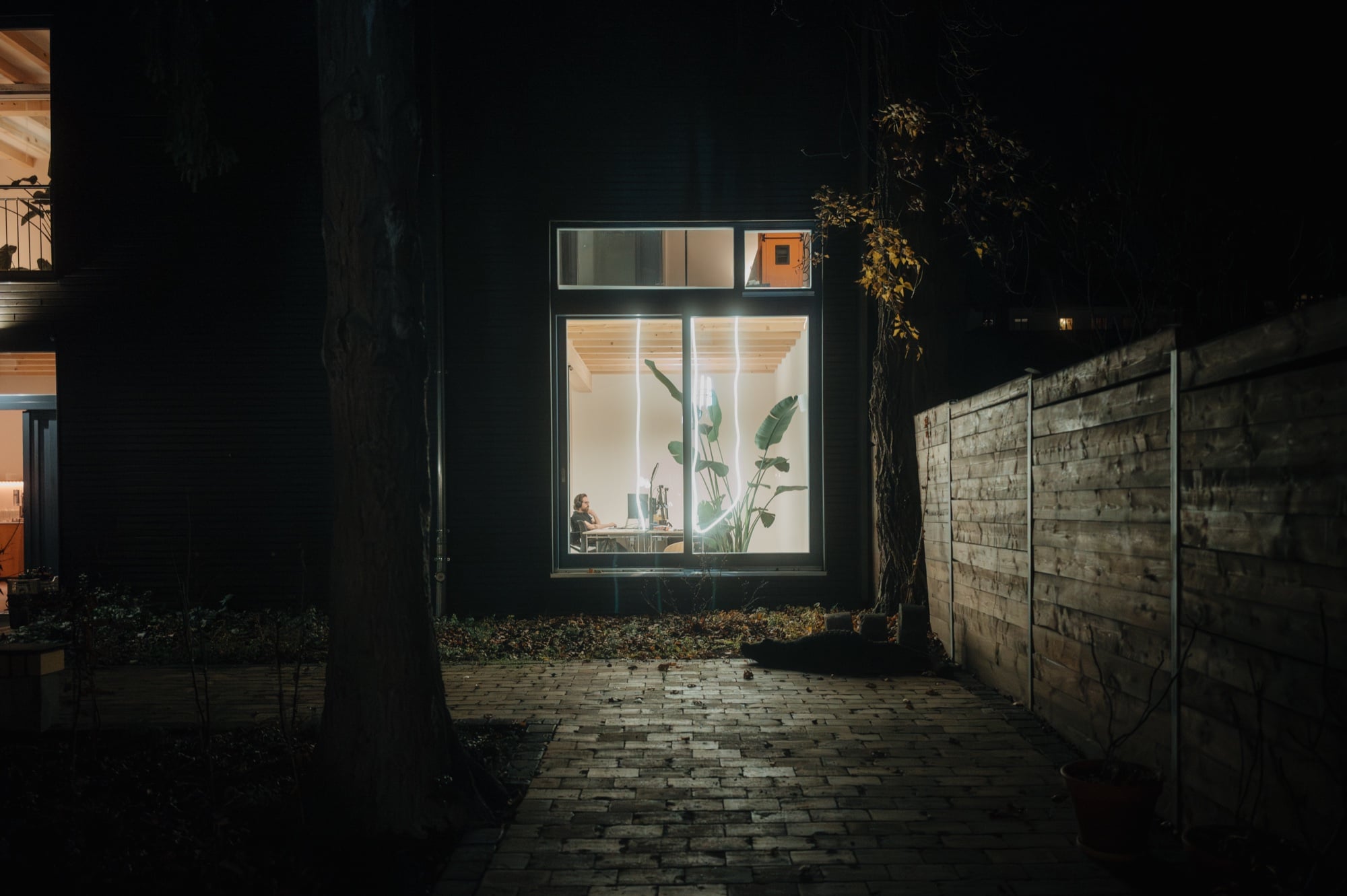 Das tribehouse am Abend, das Fenster im Erdgeschoss hell erleuchtet