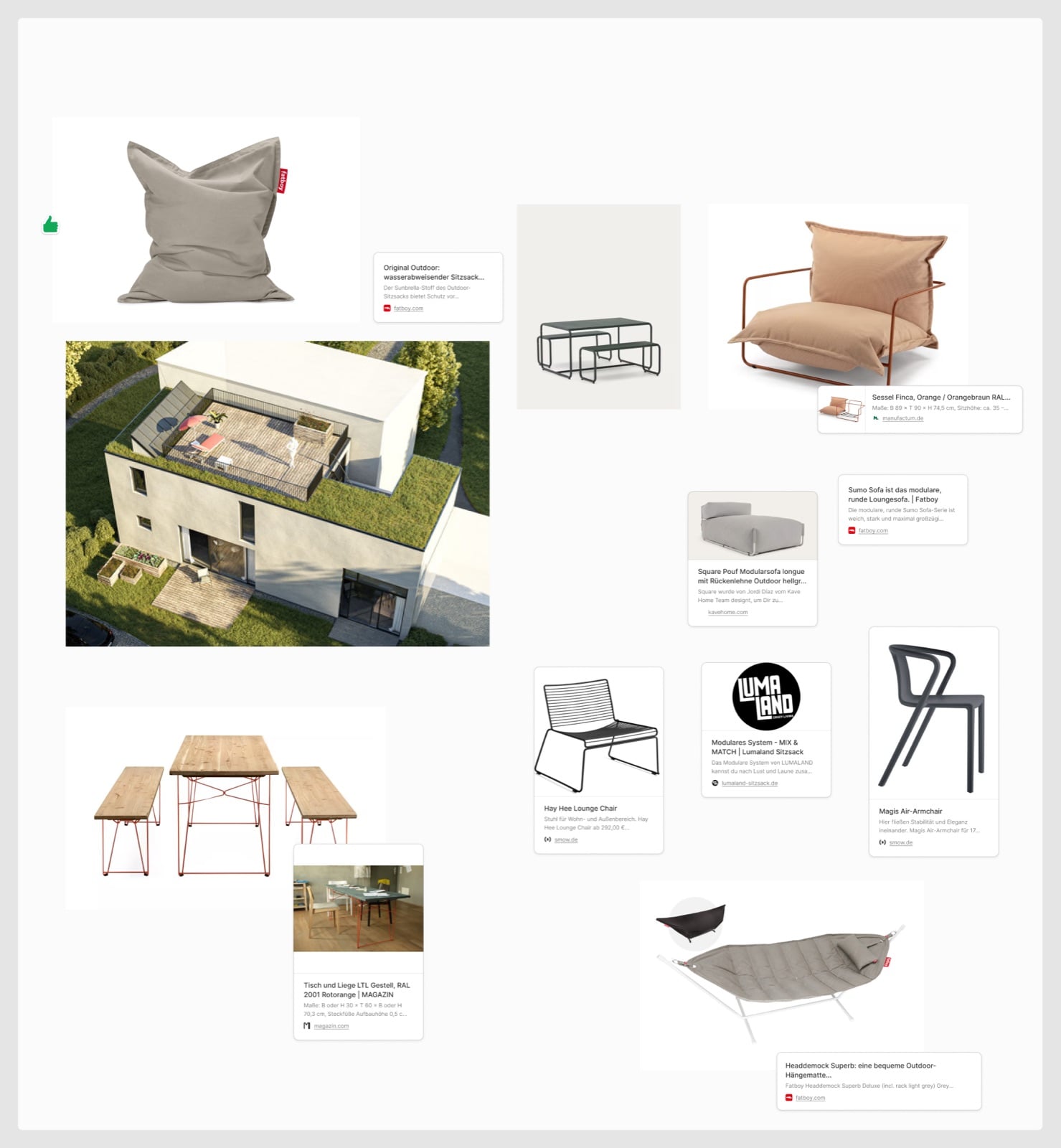 Terrasse: Sessel, Sitzsack, Tisch und Bänke