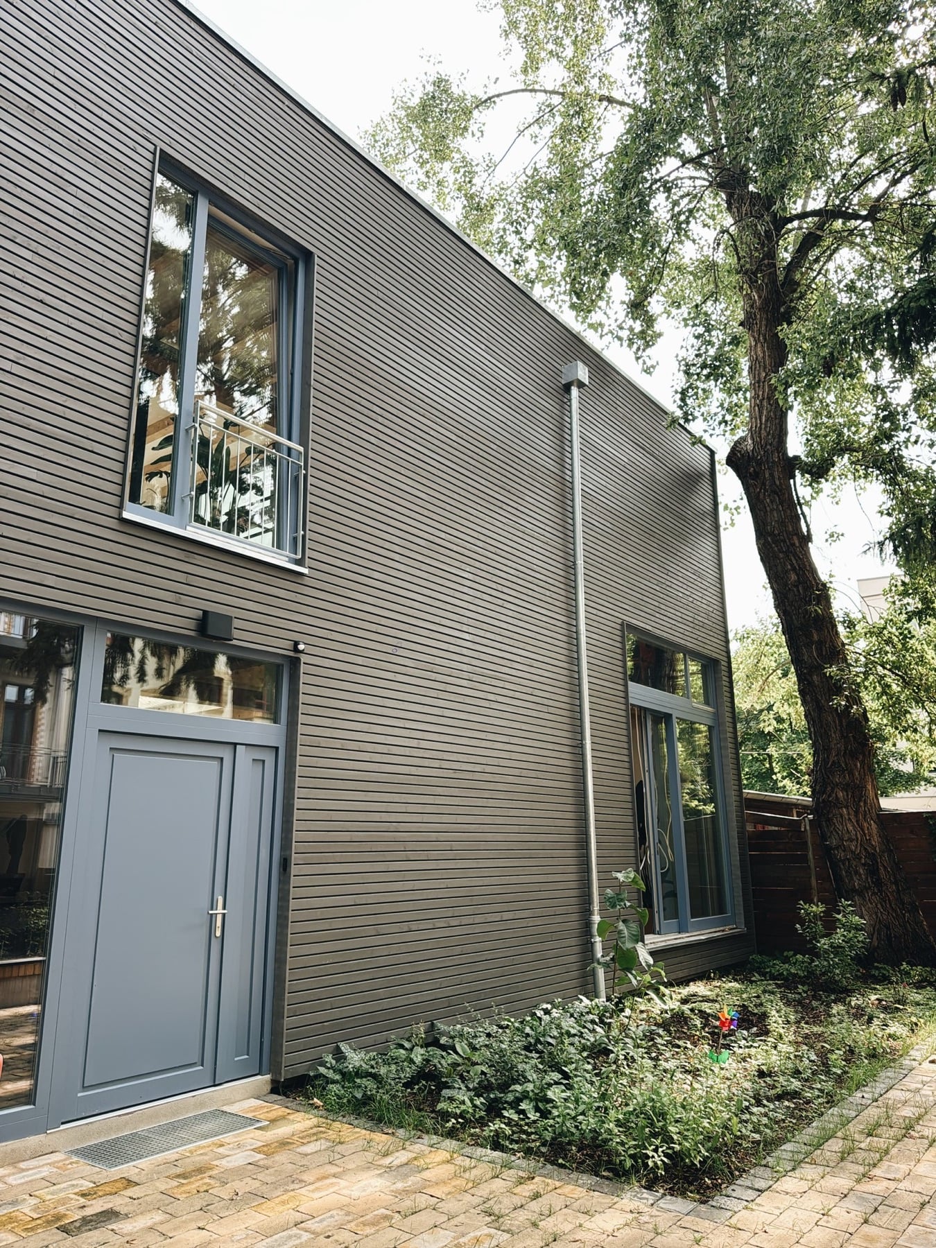 Fassade und Hinterhof mit Baum